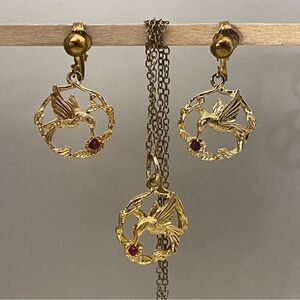 Vintage hummingbird signed JJI earrings and a pendant.